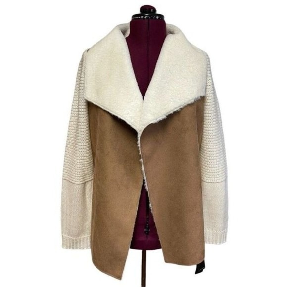 Fever Cardigan Faux Fur Collar Open Front Sweater Coat Latte Ivory Women's Med‎ - Picture 1 of 9